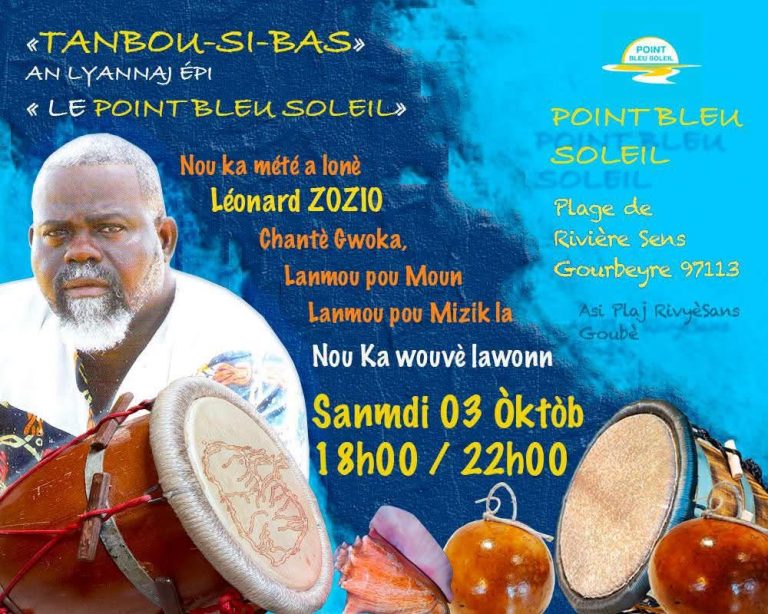 Tanboul-Si-Bas en hommage à Léonard Zozio le 3 octobre 2026 au Point Bleu Soleil, plage de Rivière-Sens à Gourbeyre, Guadeloupe, autour du gwoka, du chant et de la musique traditionnelle.