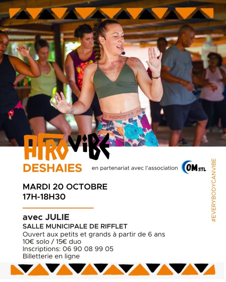 Atelier de danse Afrovibe avec Julie le 20 octobre 2026 à la salle municipale de Rifflet à Deshaies, Guadeloupe. Une initiation aux danses afro-descendantes accessible aux enfants dès 6 ans et aux adultes.