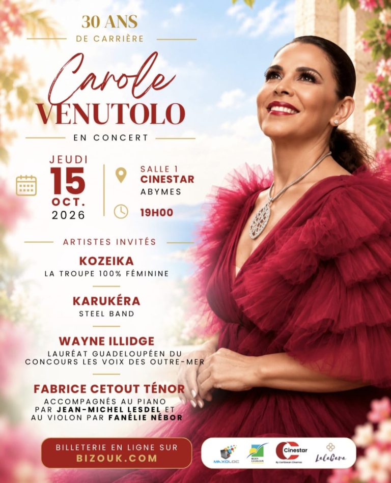 Carole Venutolo en concert le 15 octobre 2026 au Cinestar aux Abymes, Guadeloupe, pour célébrer ses 30 ans de carrière avec plusieurs artistes invités.
