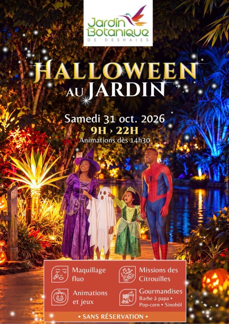 Halloween au Jardin botanique de Deshaies, en Guadeloupe, le 31 octobre 2026. Une journée festive avec maquillage fluo, missions des citrouilles, animations, jeux et gourmandises pour toute la famille.