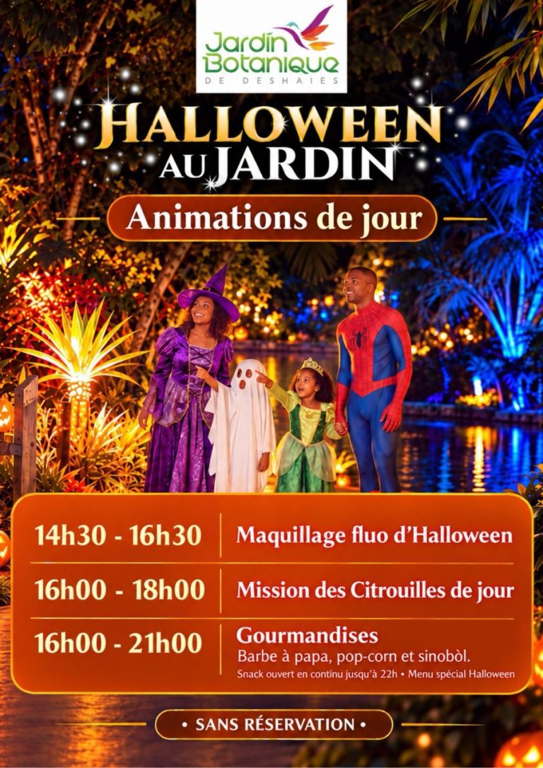 Halloween au Jardin botanique de Deshaies, en Guadeloupe, le 31 octobre 2026. Une journée festive avec maquillage fluo, missions des citrouilles, animations, jeux et gourmandises pour toute la famille.