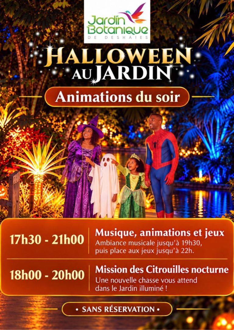 Halloween au Jardin botanique de Deshaies, en Guadeloupe, le 31 octobre 2026. Une journée festive avec maquillage fluo, missions des citrouilles, animations, jeux et gourmandises pour toute la famille.