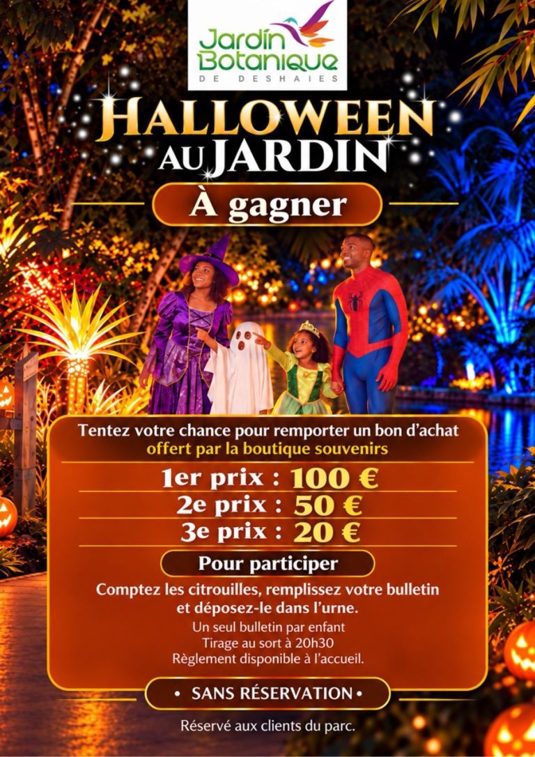 Halloween au Jardin botanique de Deshaies, en Guadeloupe, le 31 octobre 2026. Une journée festive avec maquillage fluo, missions des citrouilles, animations, jeux et gourmandises pour toute la famille.