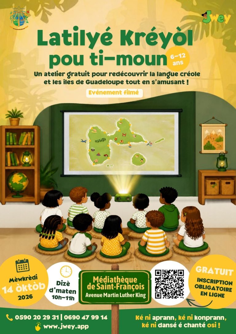 Latilyé Kréyol pou ti-moun, atelier gratuit en créole pour les enfants de 6 à 12 ans, le 14 octobre 2026 à la médiathèque de Saint-François, Guadeloupe, pour découvrir les îles, la culture et les traditions guadeloupéennes à travers des jeux et des animations.