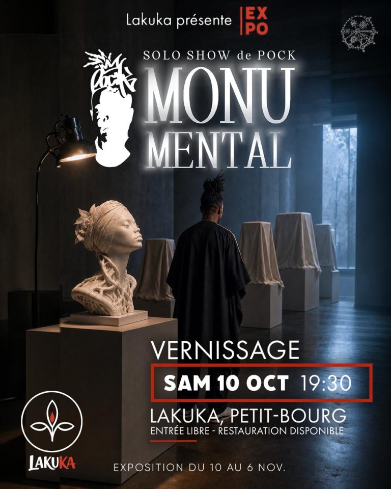 Monu Mental de Pock du 10 octobre au 6 novembre 2026 à Lakuka à Petit-Bourg, Guadeloupe, exposition artistique avec vernissage et solo show.