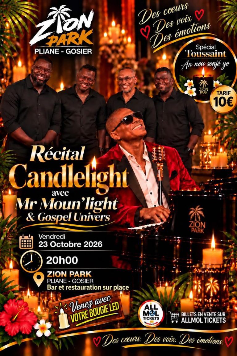 Récital Candlelight avec Mr Moun’light et Gospel Univers le 23 octobre 2026 au Zion Park, à Pliane, Le Gosier, Guadeloupe, pour une soirée musicale spéciale Toussaint à la lueur des bougies.
