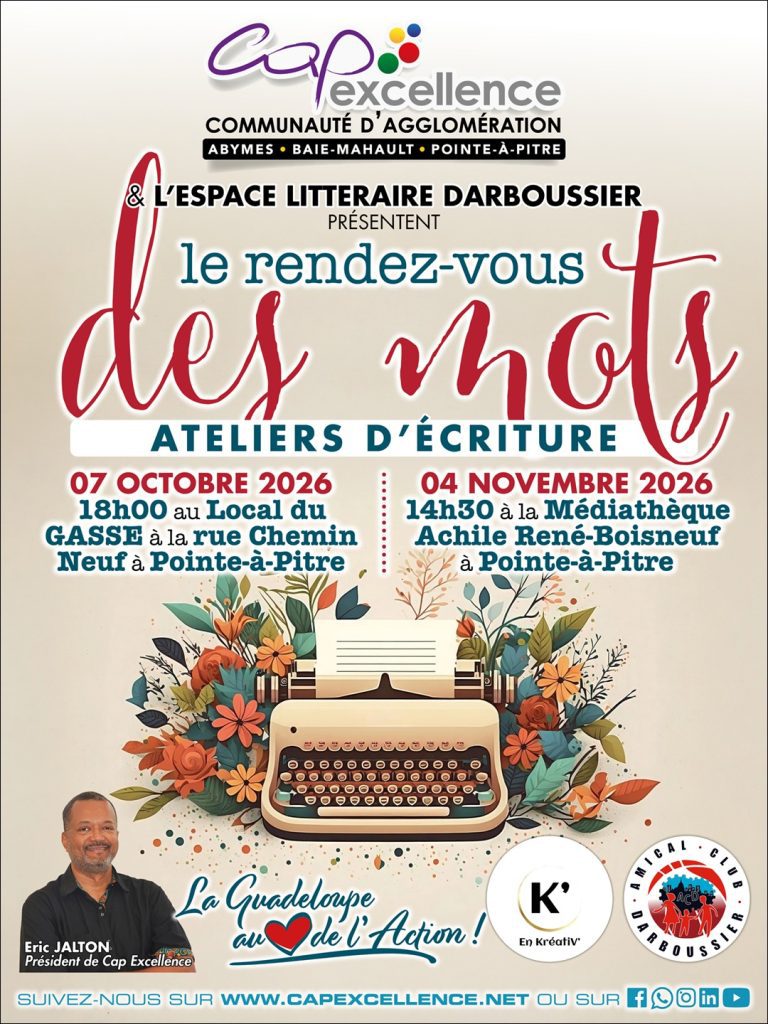 Le Rendez-vous des mots, ateliers d’écriture les 7 octobre et 4 novembre 2026 à Pointe-à-Pitre, Guadeloupe.
