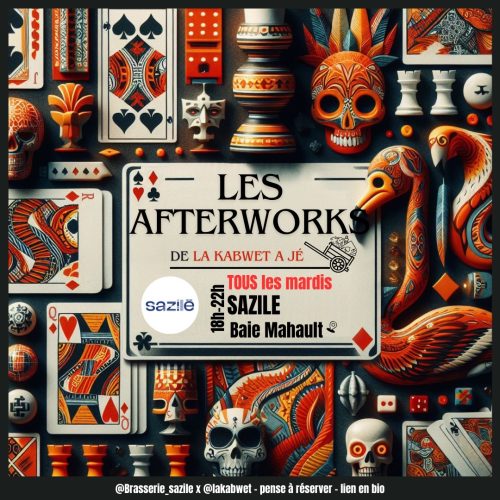 Afterworks Kabwet a Jé tous les mardis chez Sazié à Baie-Mahault de 18h à 22h avec ambiance conviviale, jeux et moments entre amis, sur réservation.