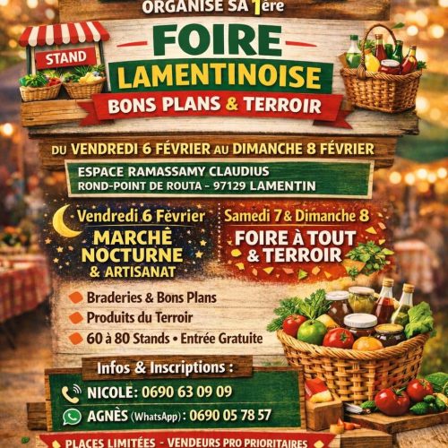 Foire Lamentinoise du 6 au 8 février 2026 à l’Espace Ramassamy Claudius, rond-point de Routa au Lamentin, Guadeloupe, avec marché nocturne, foire à tout, produits du terroir, artisanat et 60 à 80 stands, entrée gratuite.