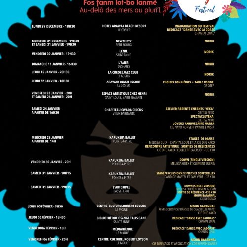 Programmation du Mois Kréyol en Guadeloupe avec spectacles, ateliers, stages, dédicaces et rencontres artistiques autour des cultures et langues créoles, de décembre à février dans plusieurs communes de l’archipel.